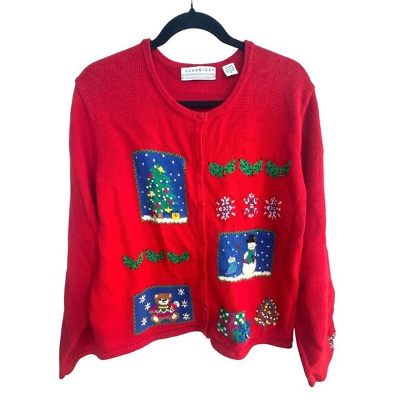 Vtg 90's Christmas Knit Cardigan Sweater Women's XL Red Tree Snowman Snowflakes - Picture 3 of 16